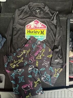 Hurley Black Rash Guard Set with Neon Sunset Logo and Multicolor Sharks